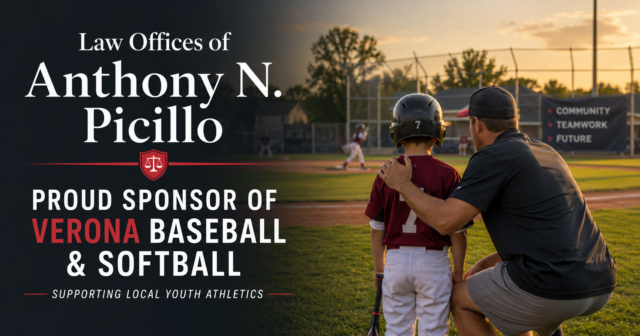 Anthony N Picillo Attorney at Law Verona Baseball and Softball Sponsor Featured Image. A baseball coach has his hand on back of child wearing a baseball uniform as they both look into a baseball field