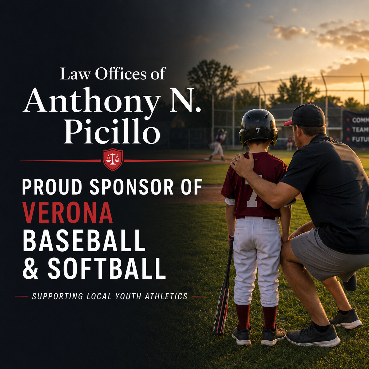 Anthony N Picillo Attorney at Law Verona Baseball and Softball Sponsor Featured Image. A baseball coach has his hand on back of child wearing a baseball uniform as they both look into a baseball field