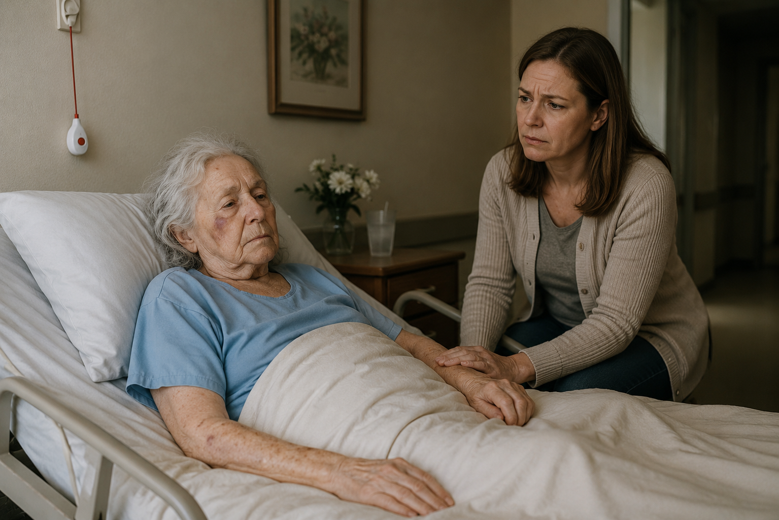 Anthony Picillo Attorney at Law Medical Mal Practice Lawsuits Featured Image. An old woman with a bruised face lies in a bed while a younger woman looks at her with a concerned expression. The younger woman is most likely the older woman's daughter or family member