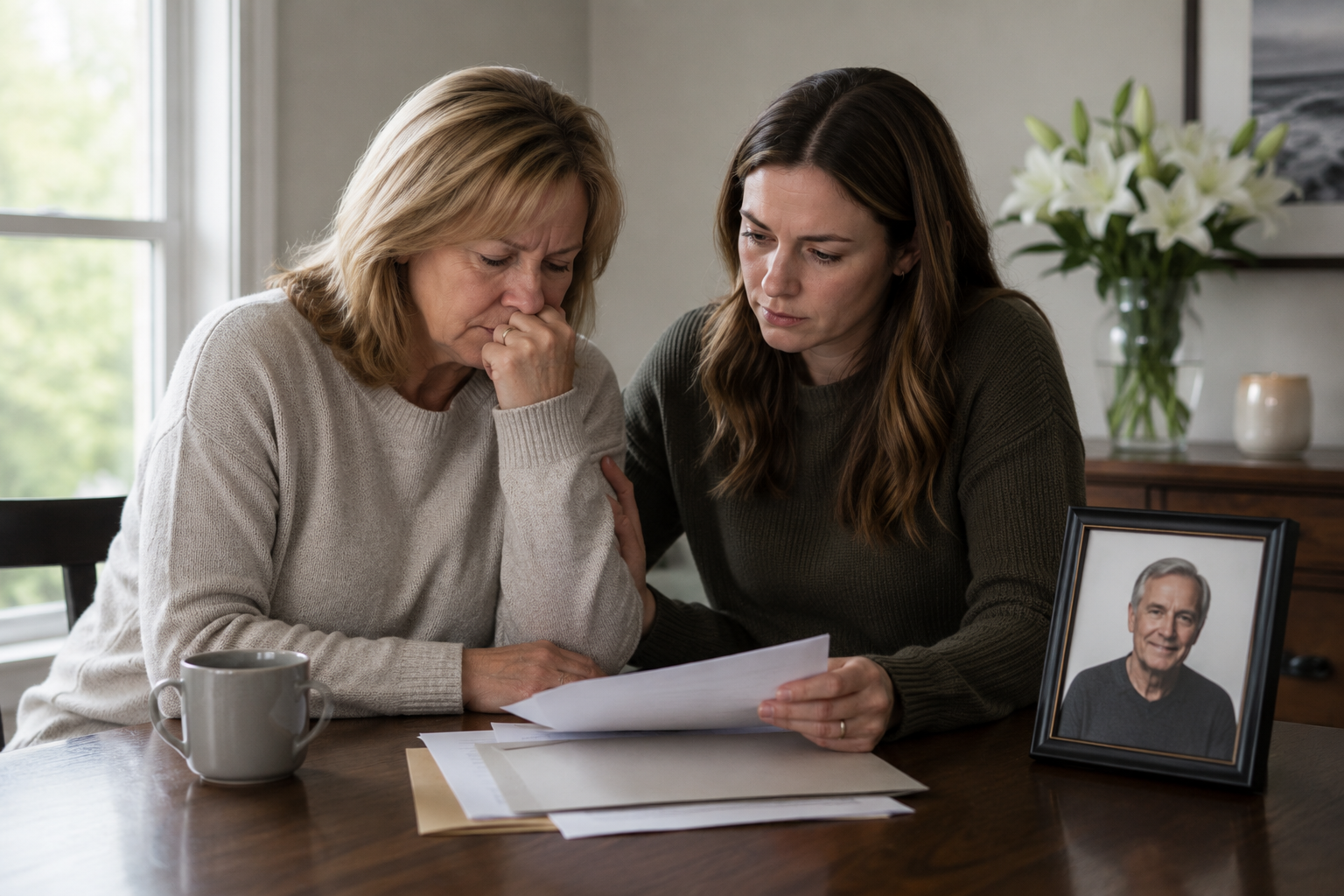 Anthony N Picillo Attorney at Law - Wrongful Death Lawsuits Featured Image. A mother and daughter sit together reviewing financial and legal documents. A photo of their dead husband/father sits on the table next to them.