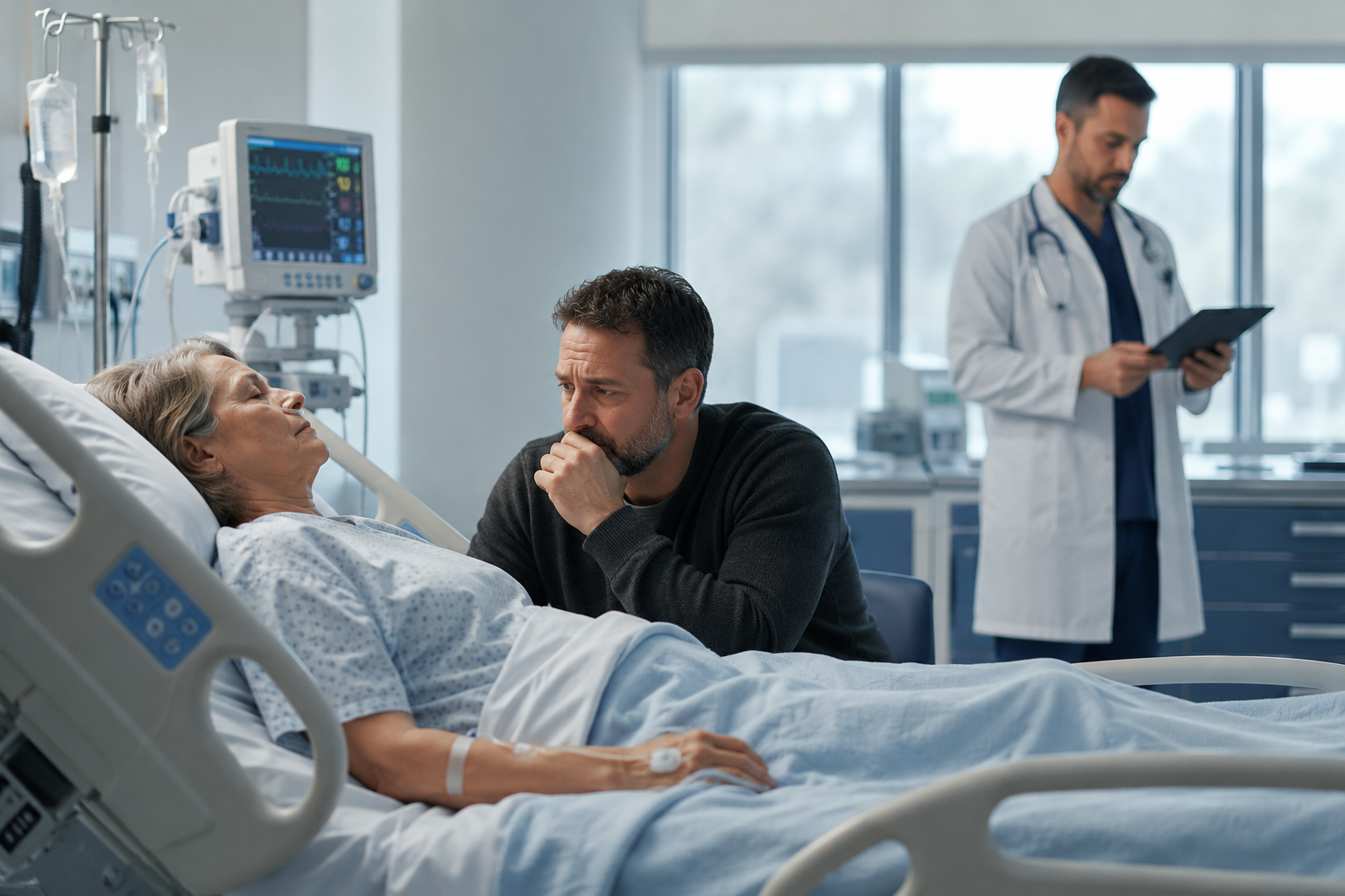 Anthony N Picillo Attorney at Law - Medical Malpractice Lawyer in NJ. A son with an extremely worried expression on his face looks at his mother who is suffering in a hospital bed. A negligent doctor reviews a medical chart in the background.